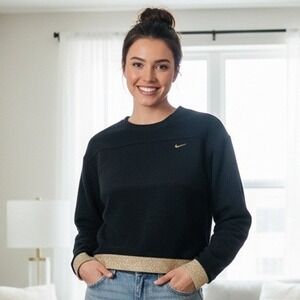 Nike Black Fleece Women's Pullover Sweatshirt Gold Glitter Trim - Size M